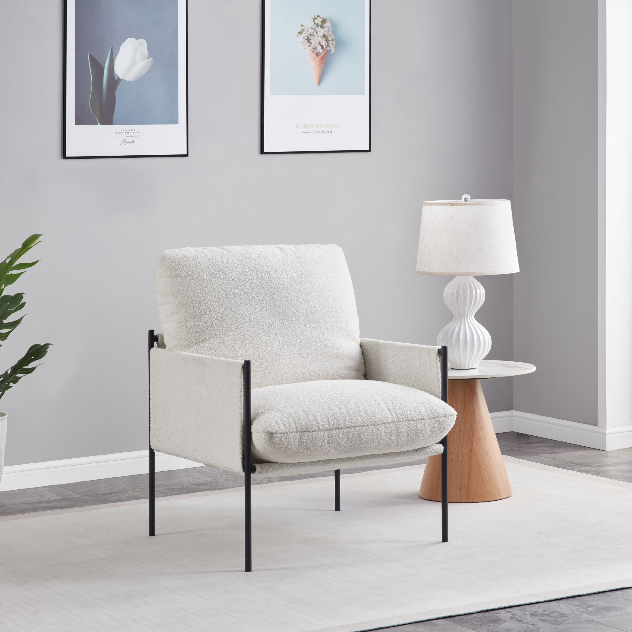 Modern Accent Chair, Comfy Chair With Removable Cushion, Vanity Chair With Wood Armrests For Living Room, Bedroom, White_voghion.com